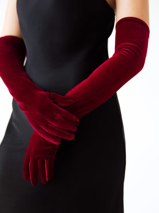 Бордовые бархатные вечерние перчатки выше локтя 